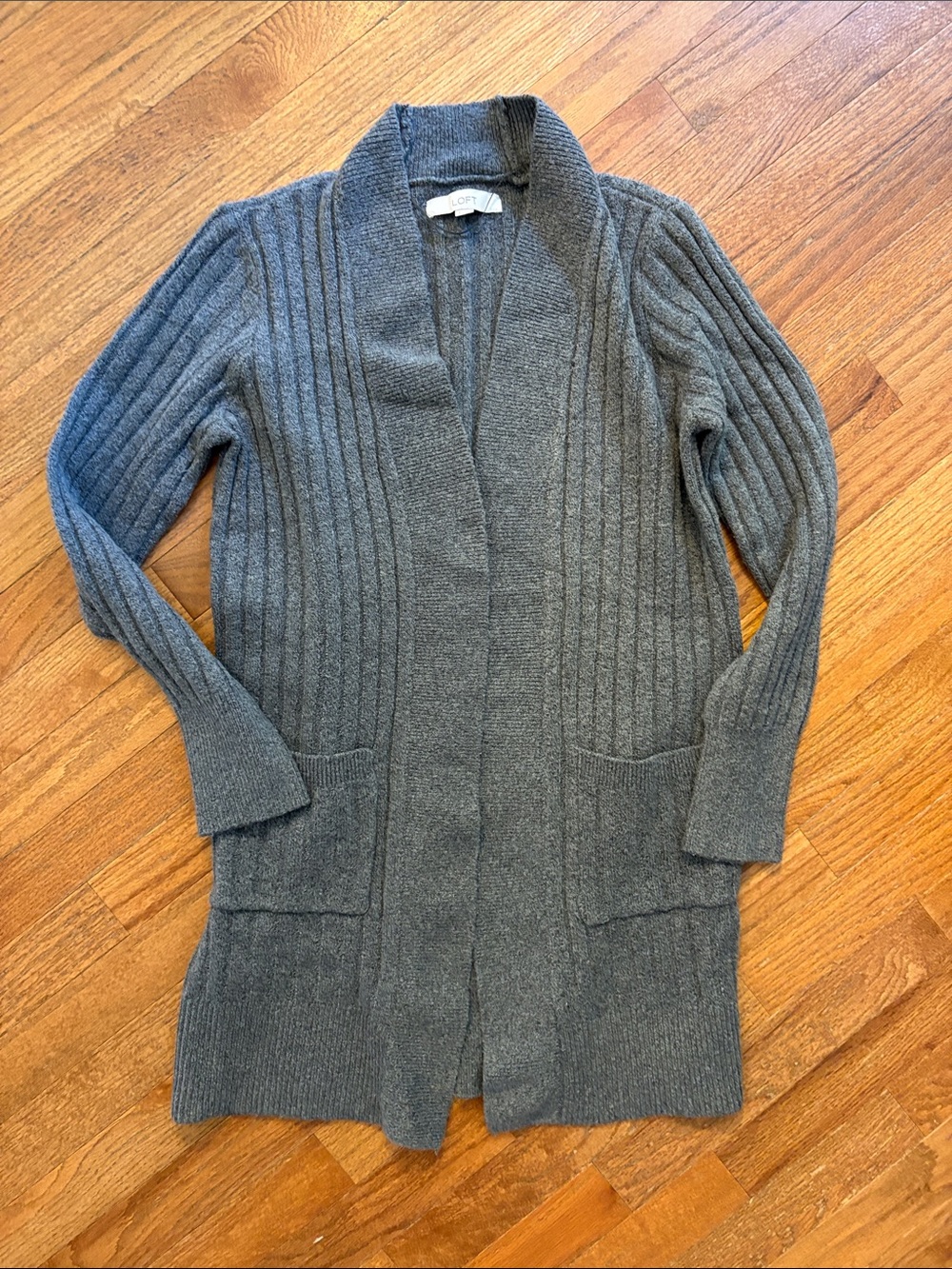 LOFT Gray Ribbed Open-Front Long Cardigan